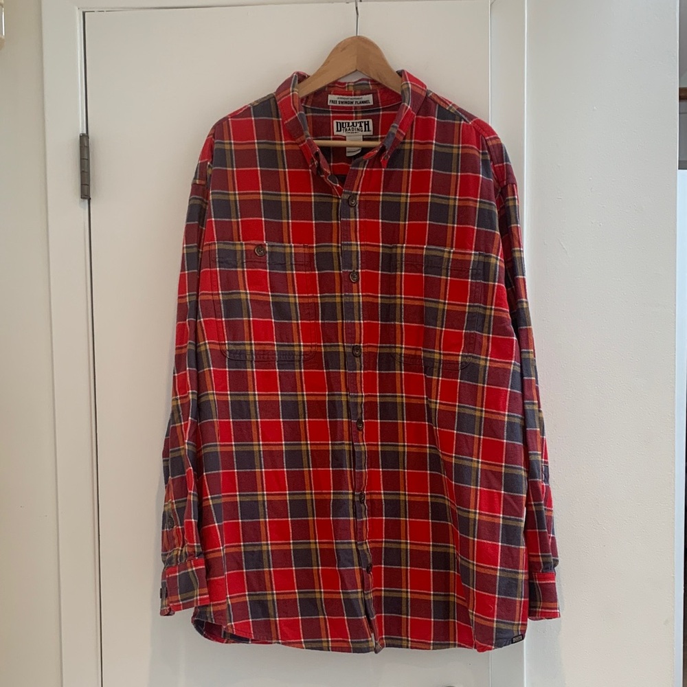 Duluth Trading Co Red and Yellow Flannel Plaid Button Down Shirt, Size 2XL